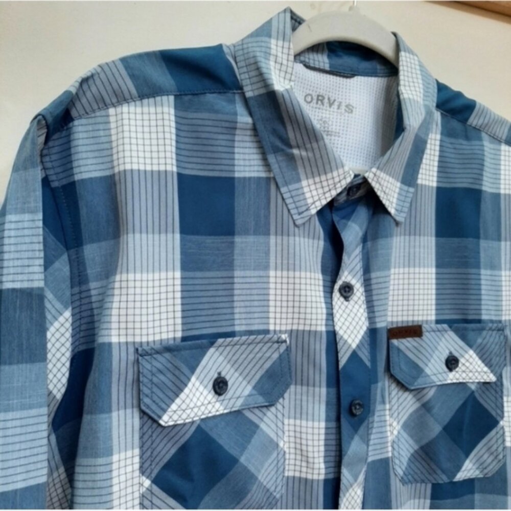 Orvis Blue White Check Button Down Short Sleeve Shirt XLarge